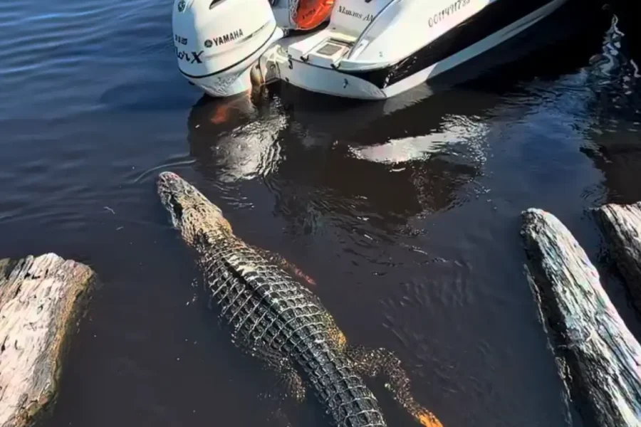 Jacaré aparece ao lado de barco com turistas no Amazonas